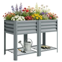 Outsunny Horta  Elevada com Prateleira Inferior, Mesa de Cultivo em Metal Galvanizado com Forro 120x55x80 cm Cinzento Prateado(m-10)