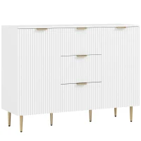 HOMCOM Buffet meuble cuisine rangement avec 3 tiroirs, étagères réglables, placards à portes cannelées, 120 x 40 x 90 cm, blanc(m-12)
