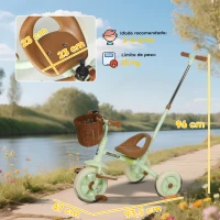 AIYAPLAY Triciclo para Bebés 2 em 1 Triciclo Evolutivo para Crianças com Barra Parental Ajustável Apoio para Pés Rebatível e Cesto 93,5x47x96 cm Verde(m-3)