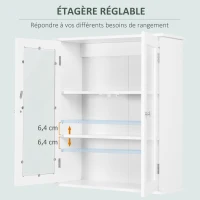 kleankin Armoire murale de salle de bain, meuble haut salle de bains avec 2 portes en verre, étagère réglable, 55x20x65cm, blanc(m-5)