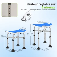 HOMCOM Tabouret de douche siège de douche hauteur ajustable 39-51,5 cm barre d'appui à ventouse patins à ventouse bleu foncé(m-3)