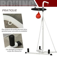 HOMCOM Support pour sac de frappe sur pieds autoportant 2 en 1 avec poire de vitesse 156 x 115 x 224 cm blanc(m-7)