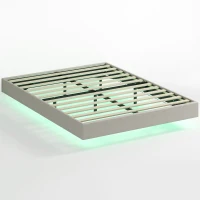 HOMCOM Cadre de lit flottant 140 x 190 cm avec éclairage LED, lit double rembourré en lin, sommier à lattes en bois, beige(m-1)