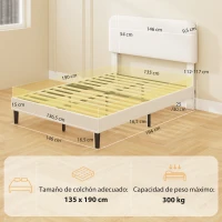 HOMCOM Estructura de Cama Doble con Cabecero Ajustable en Altura Tapizada en Borreguito Listones de Soporte Blanco(m-3)