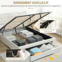 HOMCOM Cadre de lit double sommier coffre à vérins, tiroir à roulettes, tête de lit réglable capitonnée effet velours, crème(m-4)