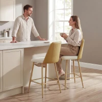 HOMCOM Juego de Taburetes Altos de Cocina con Respaldo y Reposapiés Tapizados de Lino y PU Marco de Acero Marrón(m-9)