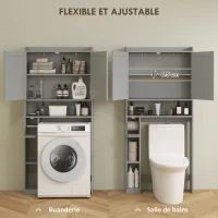 HOMCOM Meuble WC dessus de toilette ou machine à laver, 2 portes, 3 compartiments, porte-papier toilette, 80x19,5x170cm, gris(m-5)