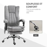 HOMCOM Fauteuil de bureau massant chauffant fauteuil bureau confortable hauteur réglable dossier inclinable repose-pied revêtement synthétique gris(m-5)