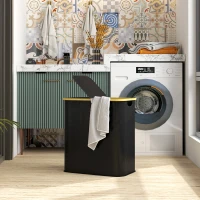 HOMCOM Panier à linge double pliable 80 L corbeille à linge sale avec couvercle, poignées rainurées, noir(m-10)