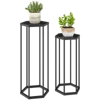 Outsunny Lot de 2 supports pour plantes, tabouret à fleurs hexagonal en métal, intérieur et extérieur, noir(m-11)