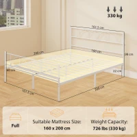 HOMCOM Struttura Letto con Testiera, Supporto a Doghe in Acciaio e Spazio di Stoccaggio Sotto il Letto, 161.5x208x98 cm, Bianco(m-3)