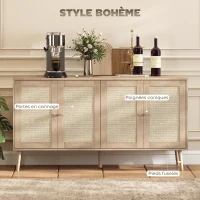 HOMCOM Buffet salon meuble de rangement placards à portes en cannage et étagère réglable 140 x 40 x 75 cm effet bois naturel(m-5)