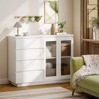 HOMCOM Buffet salon, meuble de rangement avec 4 tiroirs et 2 portes en verre trempé, étagère réglable, 120 x 40 x 91 cm, blanc(m-10)