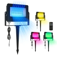 Outsunny 32W LED Floodlights, Linkable 4-Pack Landscape Lighting with Remote Control, RGB Colour Changing, UK Plug, Black(m-10)