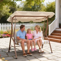 Outsunny Gartenschaukel 3 Personen wasserdichtes Dach verstellbare Neigung Sitz- und Rückenkissen braun, creme gestreift(m-2)