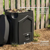 Outsunny Composteur de jardin, 240L, bac à compost extérieur, en polypropylène, 3 Portes, 66 Aérations, 78 x 75 x 78 cm, Noir(m-7)