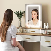 HOMCOM Coiffeuse avec miroir et lumières LED 3 couleurs, table de maquillage 10 tiroirs en tissu, 118,5 x 39,5 x 140 cm naturel(m-7)