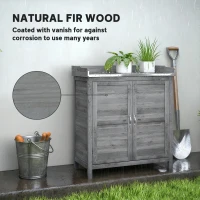 Outsunny Stół do przesadzania z szafką z drewna, ogrodowa szafka z ocynkowanym blatem, 2 półki, szary(m-5)