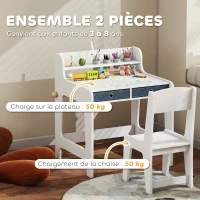 AIYAPLAY Bureau enfant avec chaise, table enfant et chaise avec 2 tiroirs en tissu et porte-gobelet, 62,8x55,6x73,8cm, blanc(m-6)