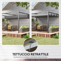 Outsunny Pergola Gazebo da Esterno 4x3 m con Tettuccio Retrattile in Metallo e Poliestere, Grigio Scuro(m-4)