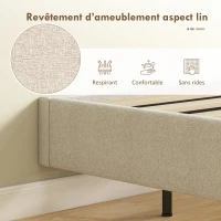 HOMCOM Cadre de lit flottant 140 x 190 cm avec éclairage LED, lit double rembourré en lin, sommier à lattes en bois, beige(m-6)