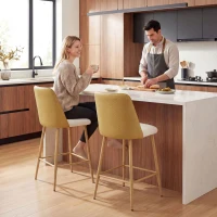 HOMCOM Juego de Taburetes Altos de Cocina con Respaldo y Reposapiés Tapizados de Lino y PU Marco de Acero Marrón(m-2)