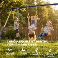 AIYAPLAY Set Leagăn de Grădină 3 în 1 pentru Copii cu Leagăn în Picioare, Inele Gimnastice, Cadru A din Oțel, Leagăne Duble pentru Copii, Capacitate 150kg, Exterior, 3-8 Ani, 285x160x181 cm(m-7)