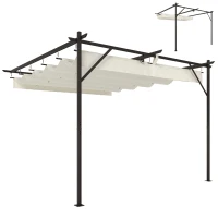 Outsunny Pérgola de Jardim Adossada 3x3 m com Telhado Retrátil Proteção UPF30+ e Drenagem Pérgola de Exterior em Creme(m-10)