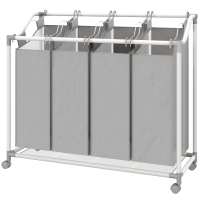 HOMCOM Panier à linge mobile, chariot linge sale, corbeille à roulettes avec 4 sacs amovibles, 4 x 40L, 97 x 38 x 81 cm, gris