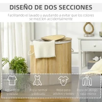 HOMCOM Cesto para Ropa Sucia de Bambú 100L 2 Compartimentos Bolsa Interior Extraíble y Lavable 62,5x37x60,5 cm Natural(m-6)