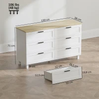 HOMCOM Commode 6 tiroirs, meuble de rangement avec pieds en bois de pin, style moderne, 120 x 38 x 71 cm, bois naturel et blanc(m-3)
