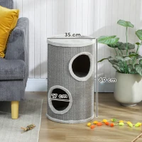 PawHut Kratztonne, 60 cm Hoch Ø 35 cm zweistöckige Katzentonne mit 2 Höhle, Plüschrand, für 1-2 Katzen bis 5 kg, Hellgrau(m-3)