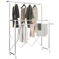 HOMCOM Séchoir à linge pliable étendoir linge intérieur à 3 barres réglables et 4 roulettes 104-150 x 103 x 145-197 cm argent(m-11)