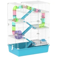 PawHut 6 Tier Hamster Cage, Small Animal Cage with Tubes, Exercise Wheel, Ramps, Hut, Food Dish, Water Bottle, Light Blue(m-1)