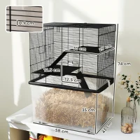 PawHut Jaula para Hámsters 3 Pisos con Ruedas, 2 Plataformas, Rampas, Comedero y Botella, 58x43x74 cm, Negro(m-3)