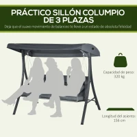 Outsunny Balancín de Jardín Exterior Columpio de 3 Plazas con Toldo Ajustable y Marco de Acero 202x115x168 cm Gris Oscuro(m-4)