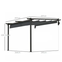 Outsunny Pabellón, 3 x 3 m Pérgola, Techo para terraza resistente al viento, montaje en pared, techo ajustable, para jardín, terraza, Gris oscuro(m-3)