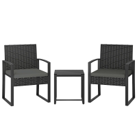 Outsunny Rattan Bistroset, 3 teiliges Gartenmöbel-Set mit 2 Gartenstühlen, Couchtisch, abnehmbar Kissen Dunkelgrau