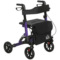 HOMCOM Folding Rollator Walker with Seat, Backrest, Lightweight Walking Frame with Storage Bag, Dual Brakes, Adjustable Handle Height, Suspension System, 4 Wheeled Walker for Seniors, Purple(m-10)