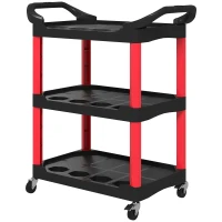 HOMCOM 3-Tier Rolling Tool Cart, Tool Trolley on Wheels, Plastic Mobile Service Utility Cart with Handles for Garage, Mechanics and Warehouse, 91kg Capacity, Black and Red(m-11)