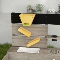 Outsunny Wooden Sand Pit with Liner, Pretend Hobs, Planting Boxes, Two Seats, for Ages 3-7 Years  - Grey(m-8)