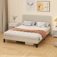 HOMCOM Somier 160x200 cm con Cabecero Ajustable Tapizado en Pana Láminas de Madera Fácil de Montar Gris Claro(m-8)