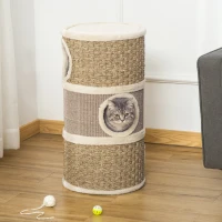 PawHut Tonneau à gratter pour chat arbre à chat sisal naturel et herbiers marins recouvert de peluche 37,5 x 37,5 x 70 cm kaki et café(m-2)