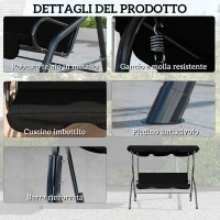 Outsunny Dondolo 3 Posti con Tettuccio Regolabile e Cuscini, in Acciaio e Poliestere, 170x110x153 cm, Nero(m-5)