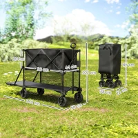 Outsunny Double Decker Folding Festival Trolley on Wheels, 200KG & 350L Capacity Collapsible Wagon Festival Trolley Cart with 134cm Extended for Camping Sports Shopping Garden and Beach, Black(m-3)