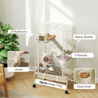 PawHut 4-Level Rolling Small Animal Cage, Rabbit Cage with 3 Ramps, Water Bottle, Food Dish, 15cm Deep Tray, Beige(m-5)