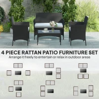 Outsunny 4 Piece Rattan Garden Furniture Sofa Set with Loveseat, Armchairs, Glass-Top Coffee Table and Cushions, Black(m-4)