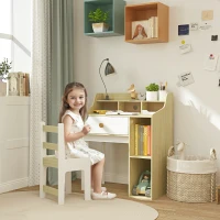 AIYAPLAY Set Mesa y Silla para Niños en Madera con Estante y Cajón, Edad 3-10 Años, Blanco y Madera(m-2)