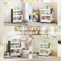 AIYAPLAY Kinder Bücherregal mit 4 Regalen, Bodenfach, 2 Seitenteile, Tafel, Rollen, für 3–8 Jahre, 66,5x32,5x86,5 cm Weiß(m-9)
