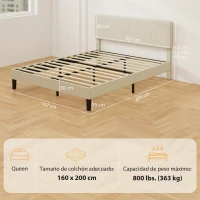 HOMCOM Somier 160x200 cm con Cabecero Ajustable Tapizado en Pana Láminas de Madera Fácil de Montar Gris Claro(m-3)